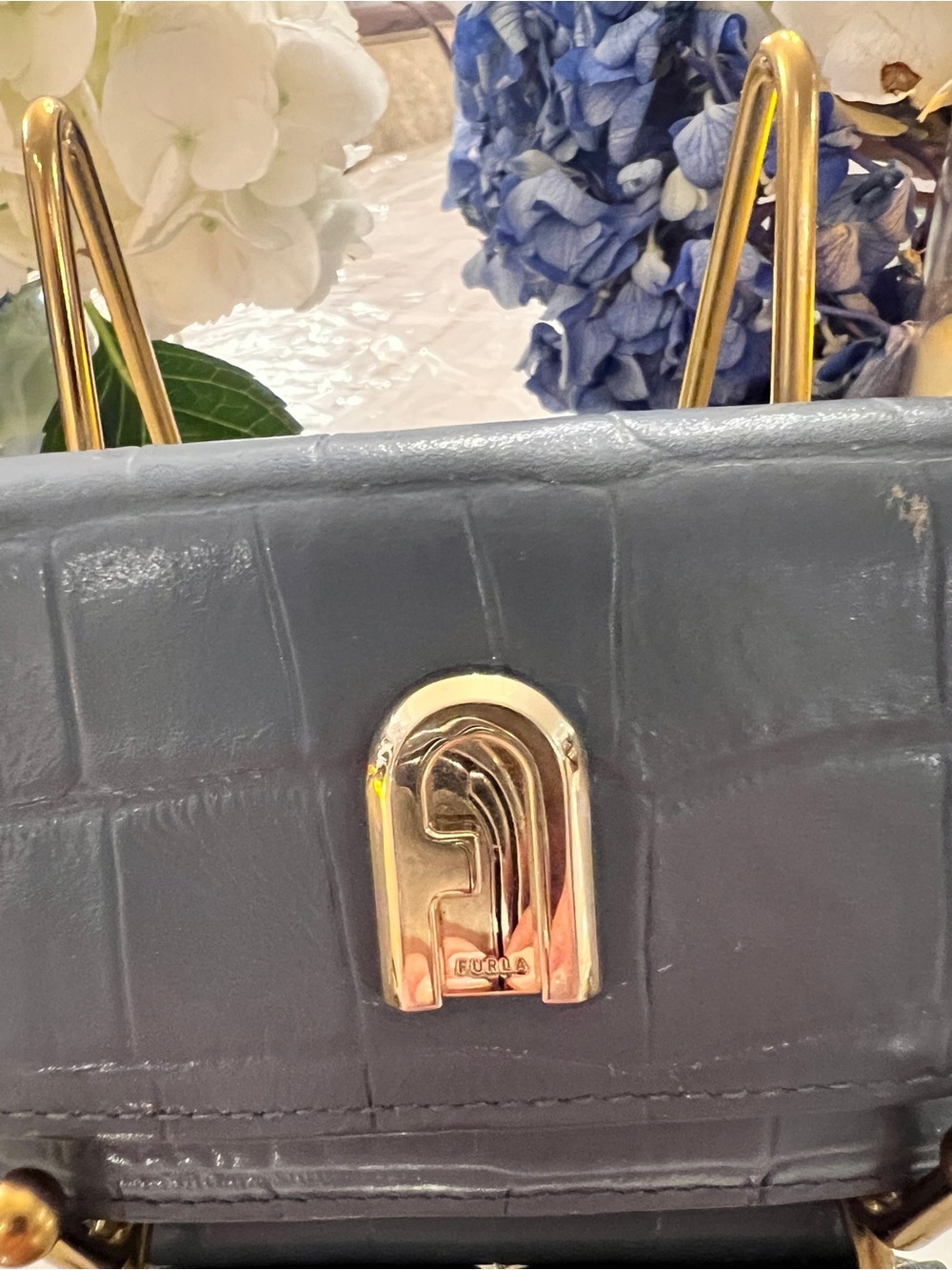 Furla 1927 S Blue Croc Embossed Leather Compact Trifold Wallet - Picture 3 of 10